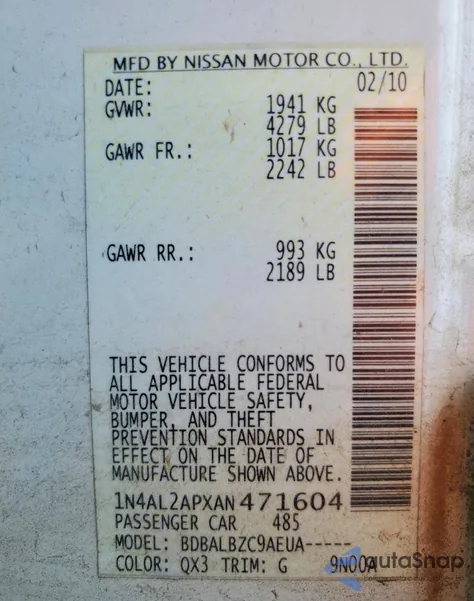 2010 Nissan Altima Base z USA, uszkodzony, nr VIN 1N4AL2APXAN471604